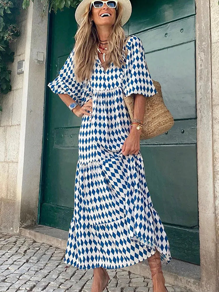 Ursula Himmelblau Boho Print Damen Sommerkleid Kurzarm | Leicht Luftig Locker Strand Freizeit Kleid | Fliessend Bequem - S/M/L/XL