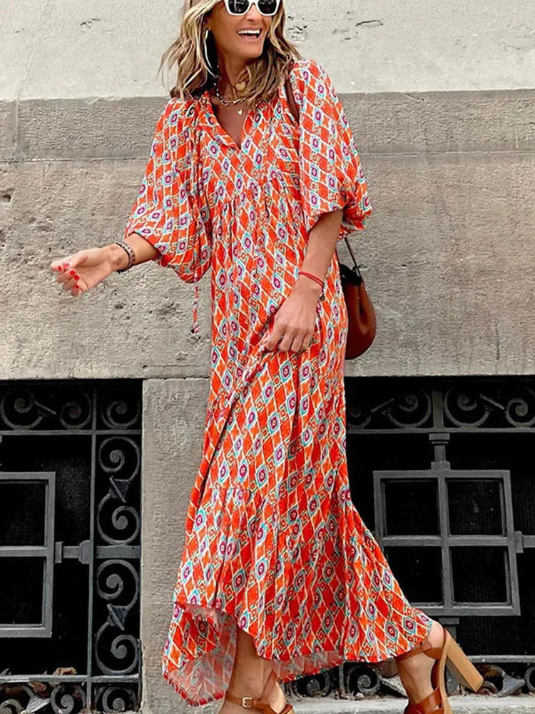 Ursula Himmelblau Boho Print Damen Sommerkleid Kurzarm | Leicht Luftig Locker Strand Freizeit Kleid | Fliessend Bequem - S/M/L/XL