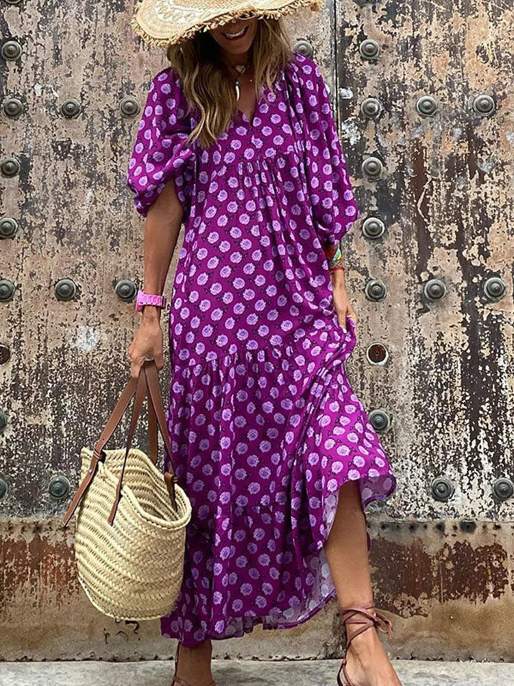 Ursula Himmelblau Boho Print Damen Sommerkleid Kurzarm | Leicht Luftig Locker Strand Freizeit Kleid | Fliessend Bequem - S/M/L/XL