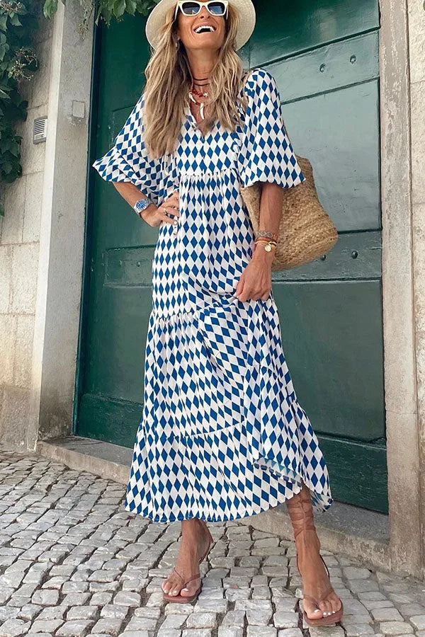 Ursula Himmelblau Boho Print Damen Sommerkleid Kurzarm | Leicht Luftig Locker Strand Freizeit Kleid | Fliessend Bequem - S/M/L/XL
