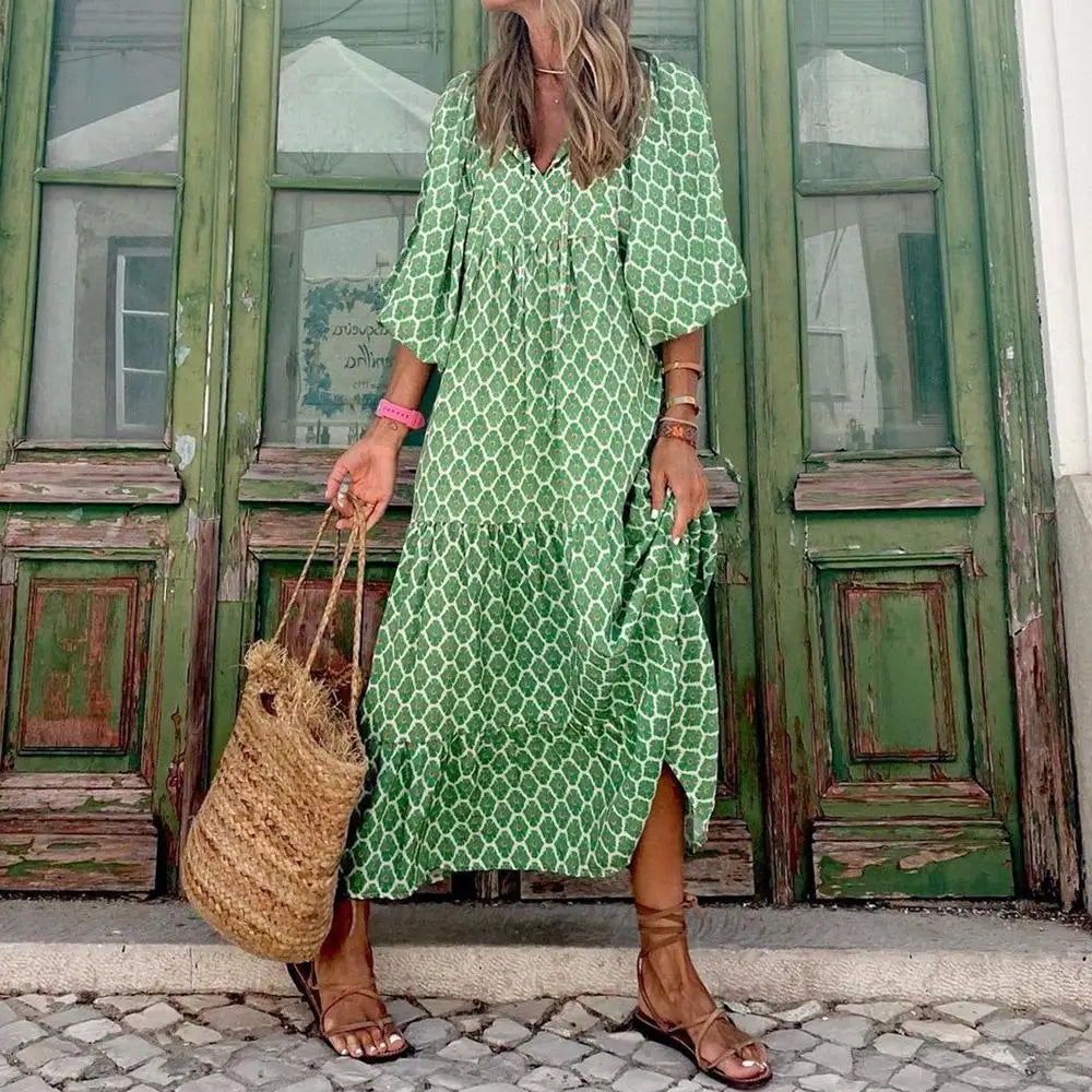 Ursula Himmelblau Boho Print Damen Sommerkleid Kurzarm | Leicht Luftig Locker Strand Freizeit Kleid | Fliessend Bequem - S/M/L/XL