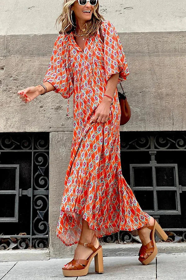 Ursula Himmelblau Boho Print Damen Sommerkleid Kurzarm | Leicht Luftig Locker Strand Freizeit Kleid | Fliessend Bequem - S/M/L/XL