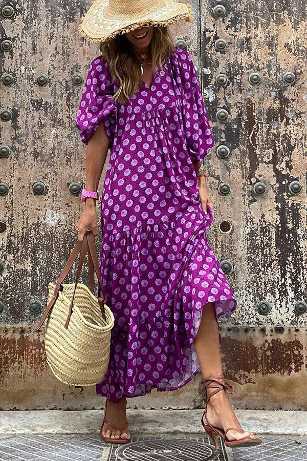 Ursula Himmelblau Boho Print Damen Sommerkleid Kurzarm | Leicht Luftig Locker Strand Freizeit Kleid | Fliessend Bequem - S/M/L/XL
