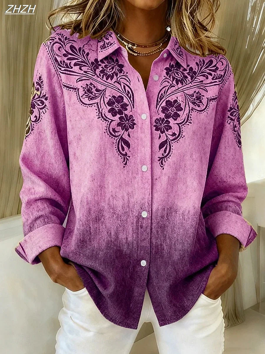 Monika Mehrfarbig Floral Geometrisch Boho Vintage Langarm Damen Hemdbluse | Elegant Laessig Herbst Winter Freizeit Oberteil | Bequem - S-4XL