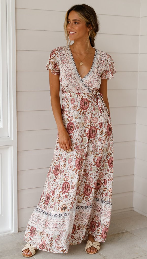 Bella Damen Maxi Kleid | Bohemian Stil mit Blumenmuster- S-2XL