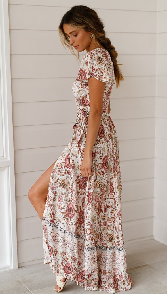 Bella Damen Maxi Kleid | Bohemian Stil mit Blumenmuster- S-2XL