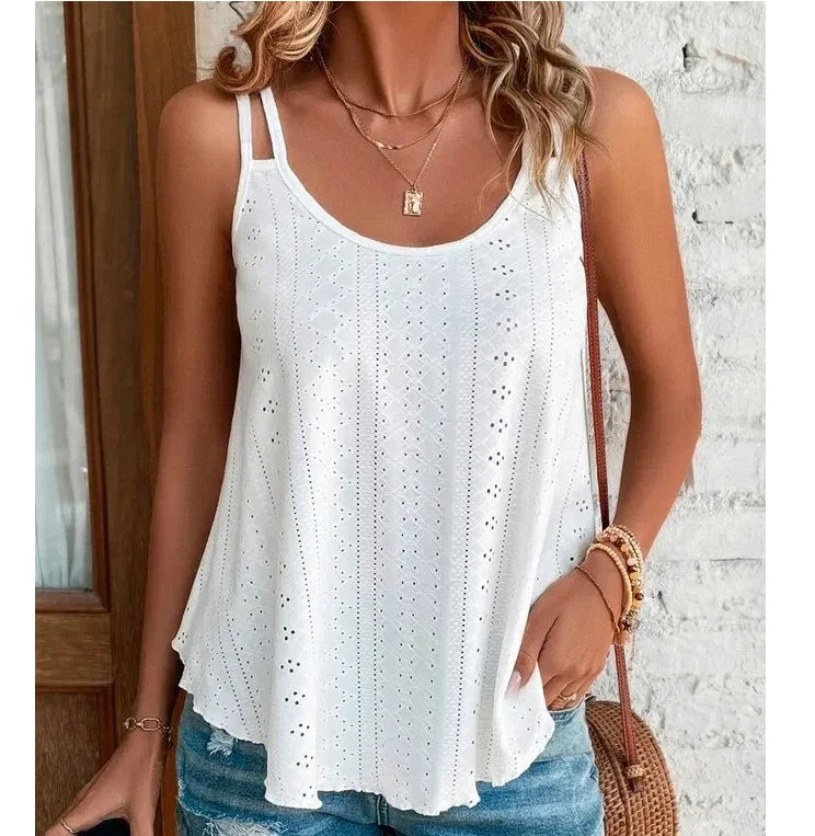 Monika Weiss Boho Camisole Lochmuster Damen Top | Leicht Luftig Sommer Freizeit Shirt | Fliessend Bequem - S-5XL