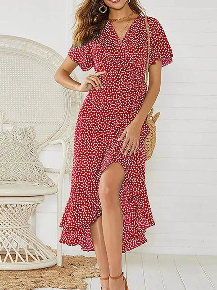 Monika Schwarz Blumen Chiffon V-Ausschnitt Rueschen Damen Maxikleid | Elegant Leicht Fliessend Sommer Strand Party Kleid | Schlitz - S/M/L/XL/XXL