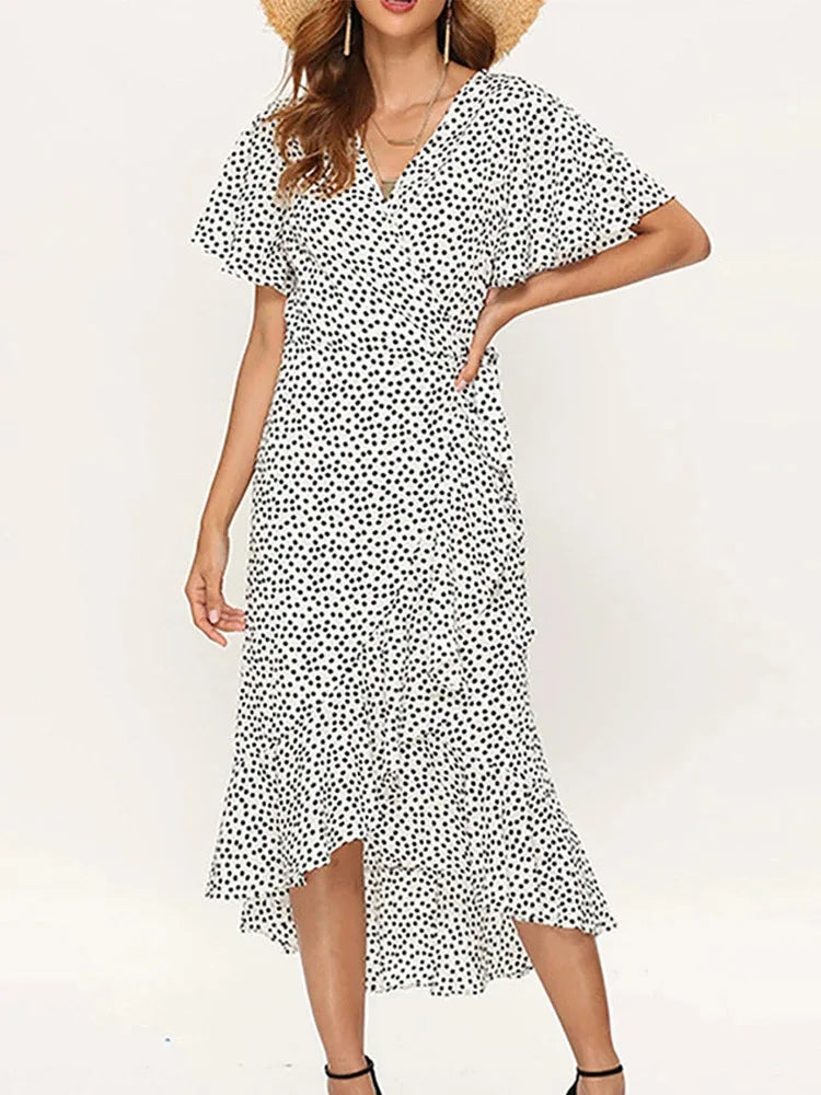Monika Schwarz Blumen Chiffon V-Ausschnitt Rueschen Damen Maxikleid | Elegant Leicht Fliessend Sommer Strand Party Kleid | Schlitz - S/M/L/XL/XXL