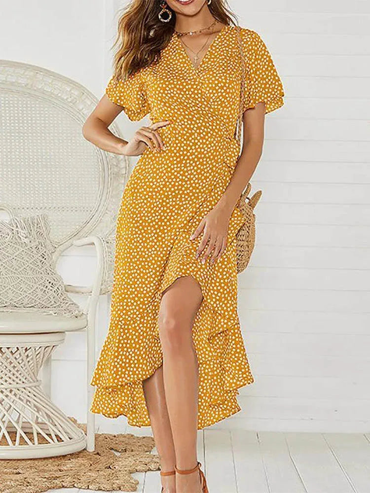 Monika Schwarz Blumen Chiffon V-Ausschnitt Rueschen Damen Maxikleid | Elegant Leicht Fliessend Sommer Strand Party Kleid | Schlitz - S/M/L/XL/XXL