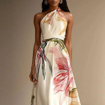 Elisabeth Blau Floral Ein-Schulter Hohe Taille Damen Maxikleid | Elegant Fliessend Sommer Strand Hochzeit Kleid | Romantisch - S-3XL