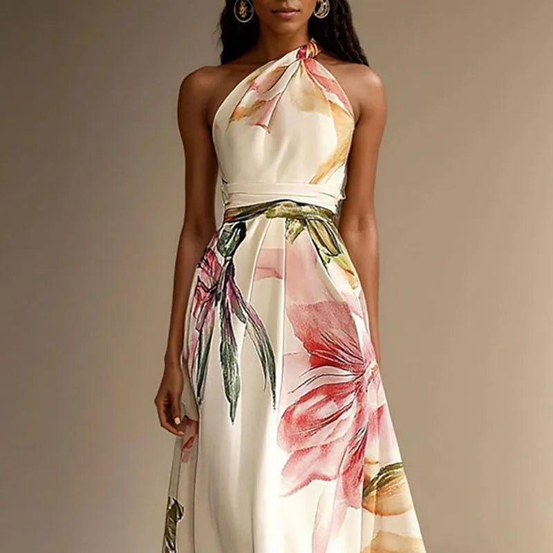 Elisabeth Blau Floral Ein-Schulter Hohe Taille Damen Maxikleid | Elegant Fliessend Sommer Strand Hochzeit Kleid | Romantisch - S-3XL