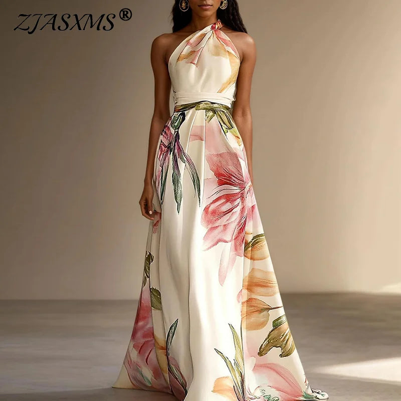 Elisabeth Blau Floral Ein-Schulter Hohe Taille Damen Maxikleid | Elegant Fliessend Sommer Strand Hochzeit Kleid | Romantisch - S-3XL