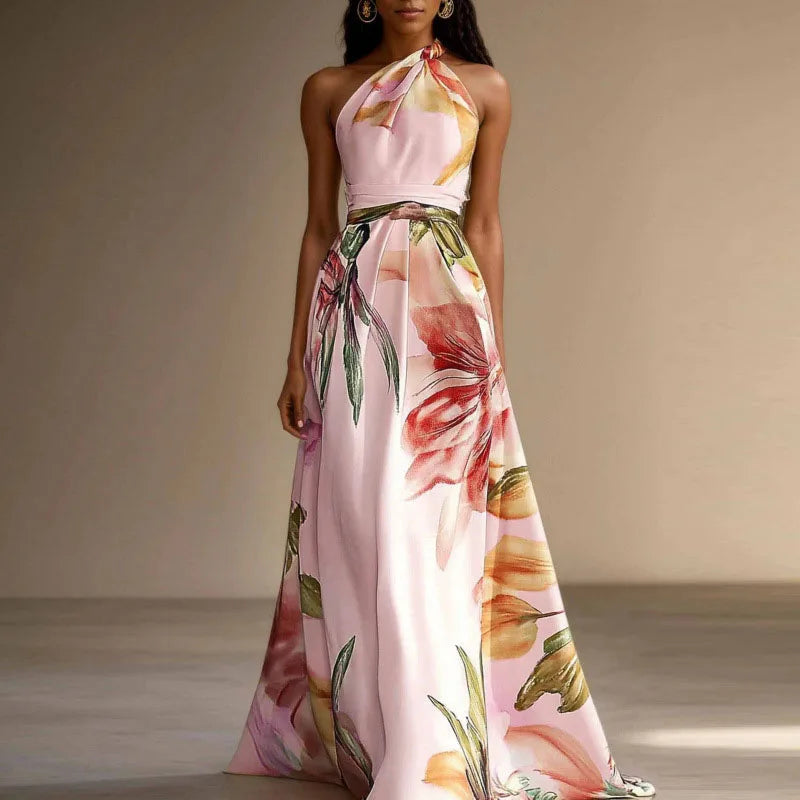 Elisabeth Blau Floral Ein-Schulter Hohe Taille Damen Maxikleid | Elegant Fliessend Sommer Strand Hochzeit Kleid | Romantisch - S-3XL