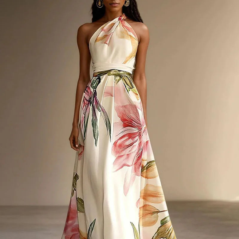 Elisabeth Blau Floral Ein-Schulter Hohe Taille Damen Maxikleid | Elegant Fliessend Sommer Strand Hochzeit Kleid | Romantisch - S-3XL