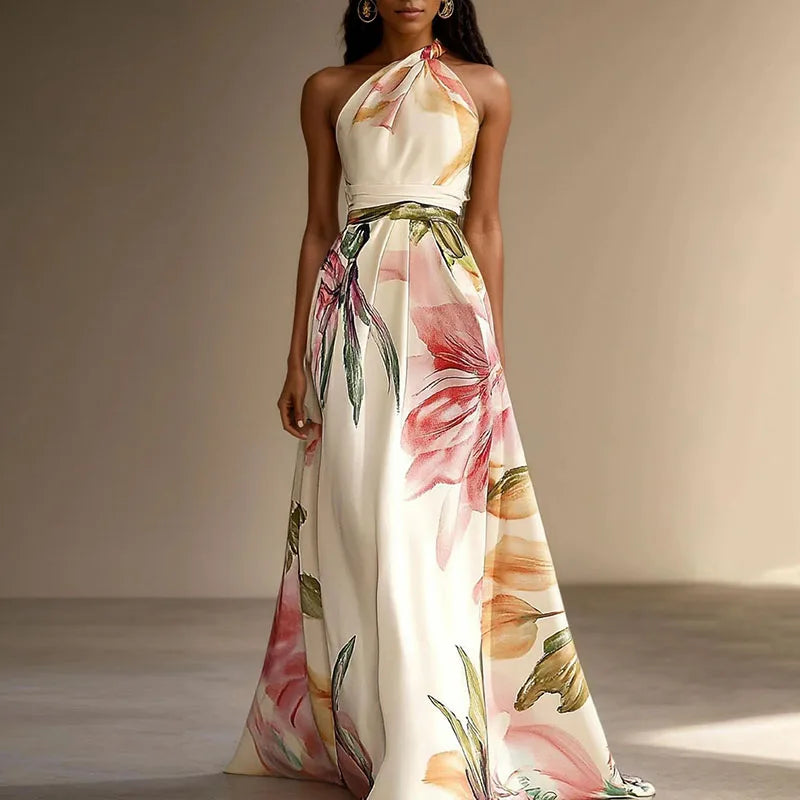 Elisabeth Blau Floral Ein-Schulter Hohe Taille Damen Maxikleid | Elegant Fliessend Sommer Strand Hochzeit Kleid | Romantisch - S-3XL