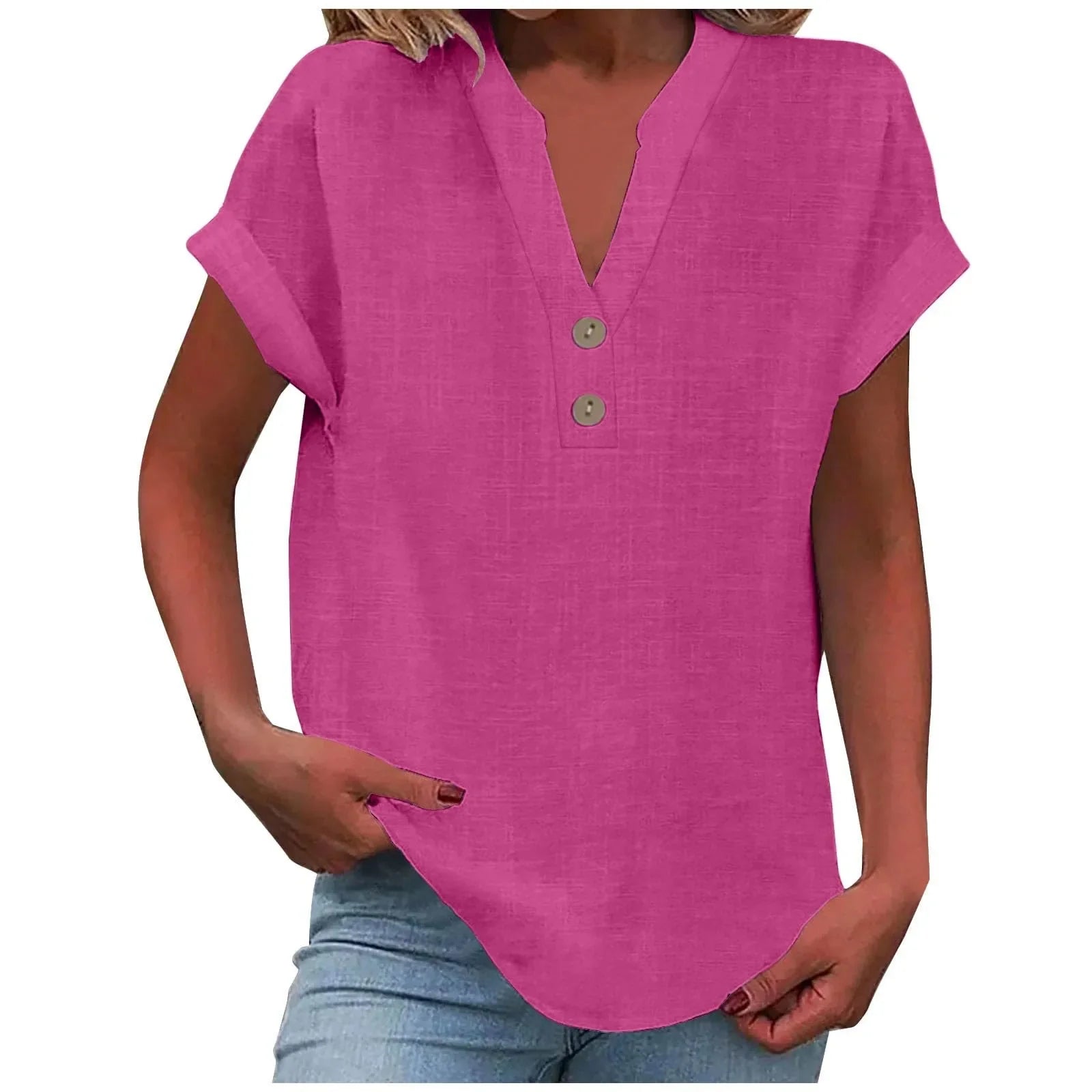 Annemarie Rot Baumwolle Leinen V-Ausschnitt Knoepfe Damen Bluse | Leicht Atmungsaktiv Laessig Sommer Buero Freizeit Oberteil | Bequem - S-5XL