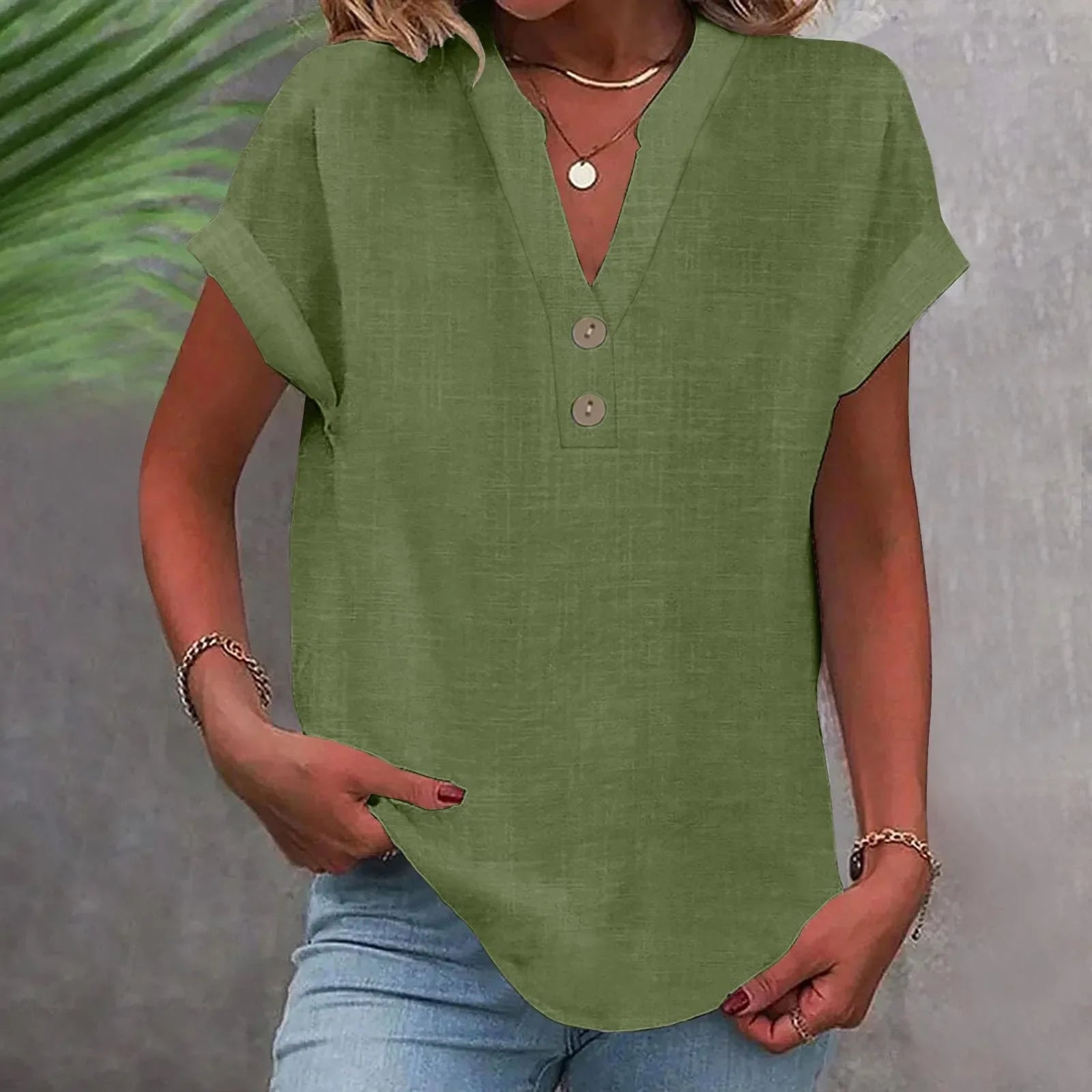 Annemarie Rot Baumwolle Leinen V-Ausschnitt Knoepfe Damen Bluse | Leicht Atmungsaktiv Laessig Sommer Buero Freizeit Oberteil | Bequem - S-5XL