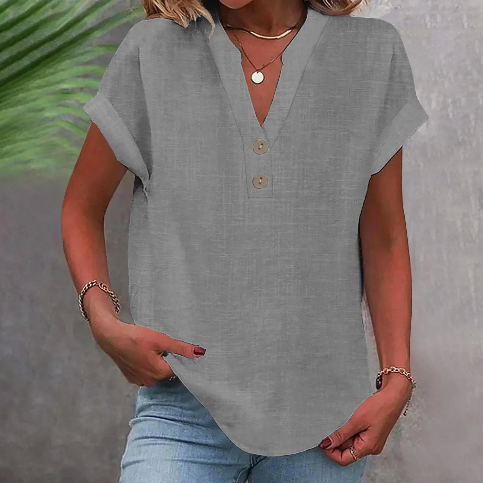 Annemarie Rot Baumwolle Leinen V-Ausschnitt Knoepfe Damen Bluse | Leicht Atmungsaktiv Laessig Sommer Buero Freizeit Oberteil | Bequem - S-5XL