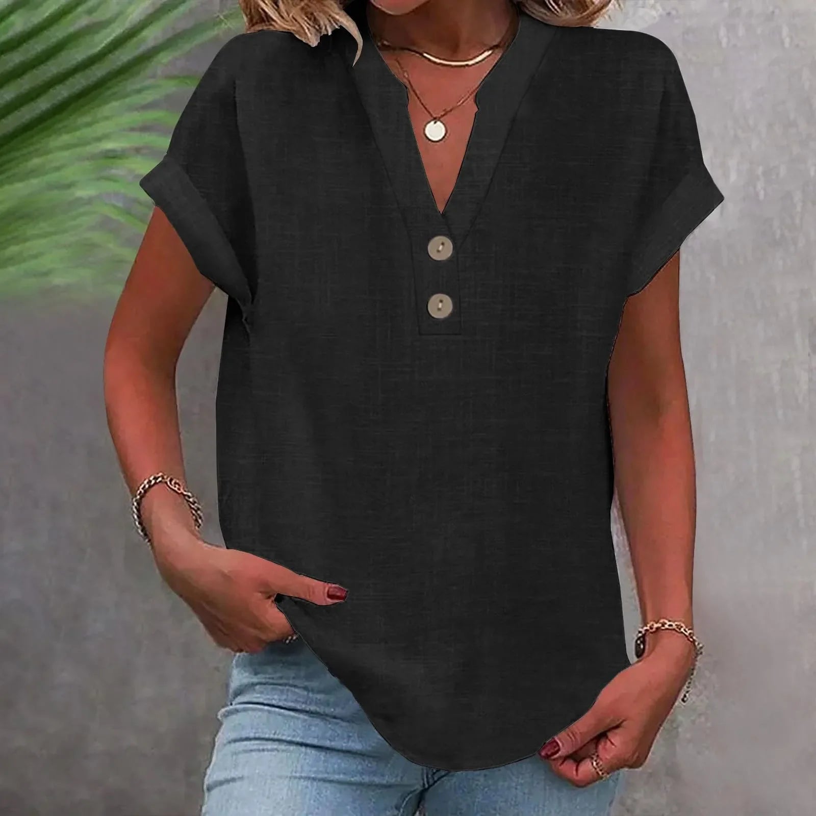 Annemarie Rot Baumwolle Leinen V-Ausschnitt Knoepfe Damen Bluse | Leicht Atmungsaktiv Laessig Sommer Buero Freizeit Oberteil | Bequem - S-5XL