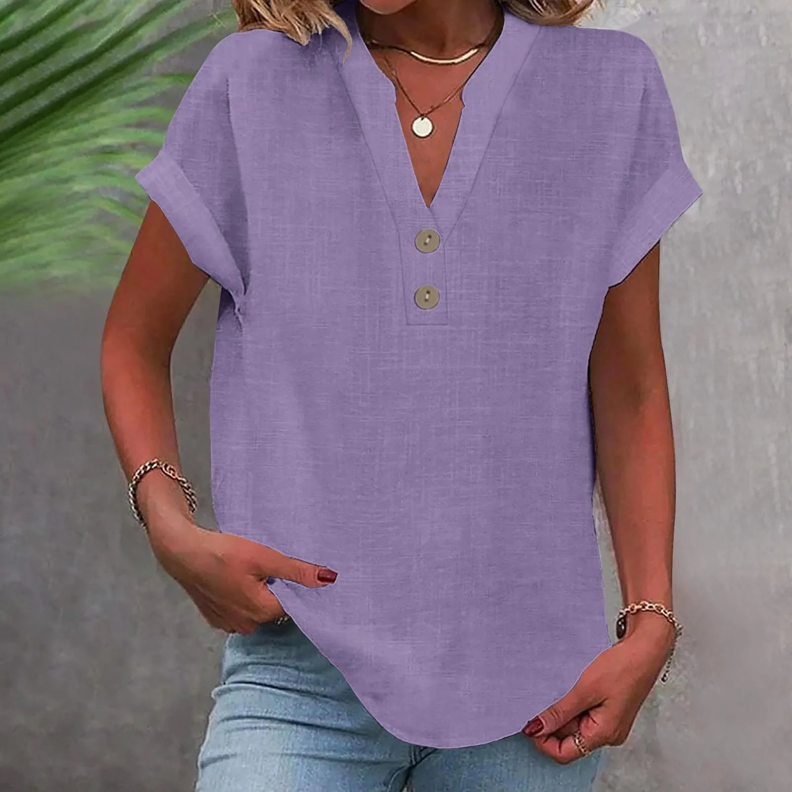 Annemarie Rot Baumwolle Leinen V-Ausschnitt Knoepfe Damen Bluse | Leicht Atmungsaktiv Laessig Sommer Buero Freizeit Oberteil | Bequem - S-5XL