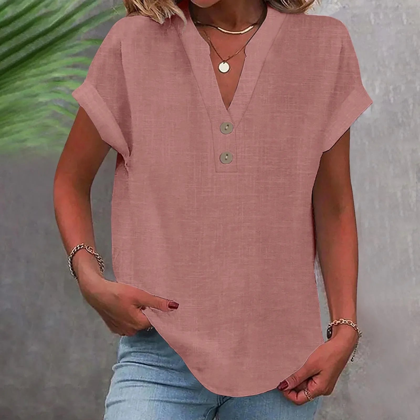 Annemarie Rot Baumwolle Leinen V-Ausschnitt Knoepfe Damen Bluse | Leicht Atmungsaktiv Laessig Sommer Buero Freizeit Oberteil | Bequem - S-5XL
