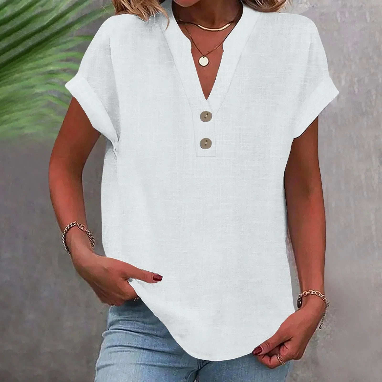 Annemarie Rot Baumwolle Leinen V-Ausschnitt Knoepfe Damen Bluse | Leicht Atmungsaktiv Laessig Sommer Buero Freizeit Oberteil | Bequem - S-5XL
