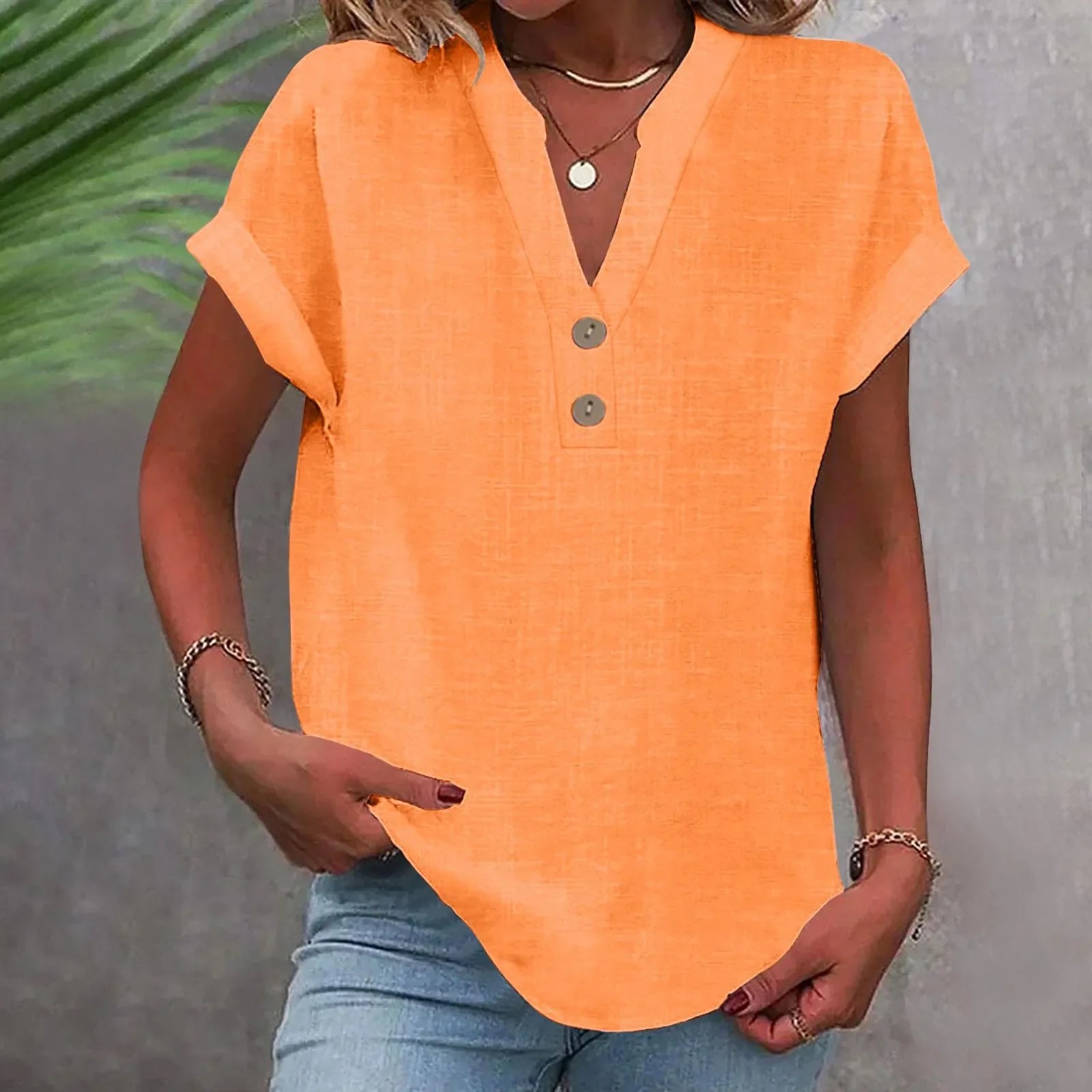 Annemarie Rot Baumwolle Leinen V-Ausschnitt Knoepfe Damen Bluse | Leicht Atmungsaktiv Laessig Sommer Buero Freizeit Oberteil | Bequem - S-5XL
