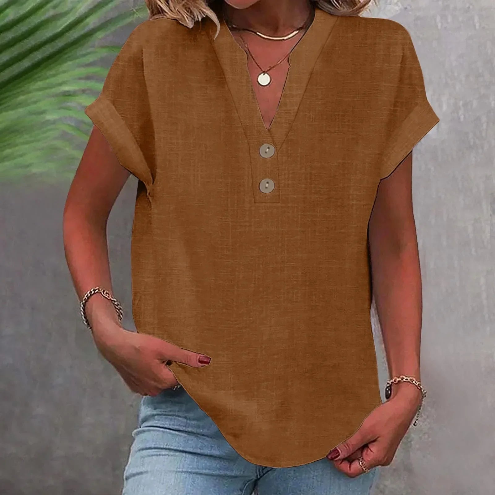 Annemarie Rot Baumwolle Leinen V-Ausschnitt Knoepfe Damen Bluse | Leicht Atmungsaktiv Laessig Sommer Buero Freizeit Oberteil | Bequem - S-5XL