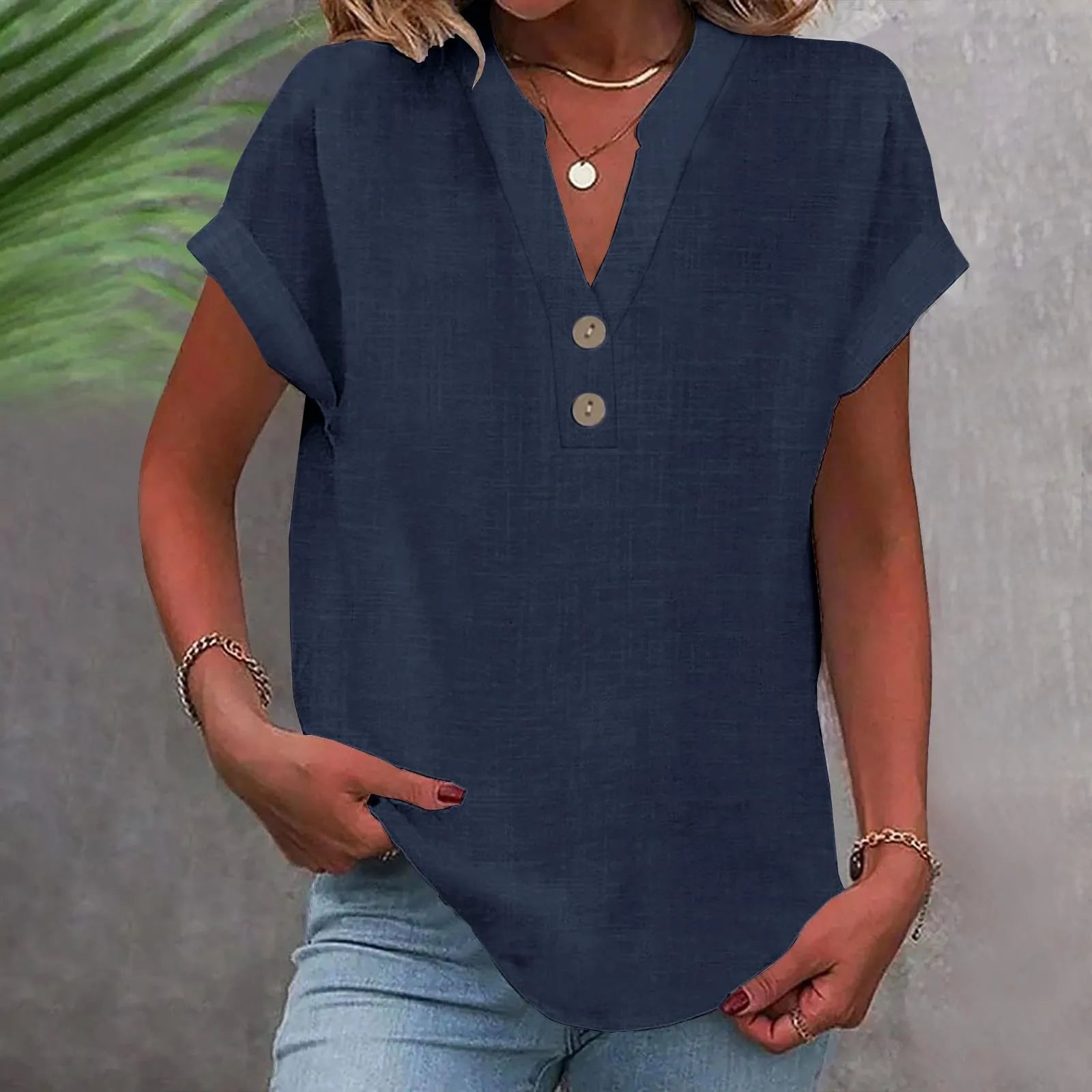 Annemarie Rot Baumwolle Leinen V-Ausschnitt Knoepfe Damen Bluse | Leicht Atmungsaktiv Laessig Sommer Buero Freizeit Oberteil | Bequem - S-5XL