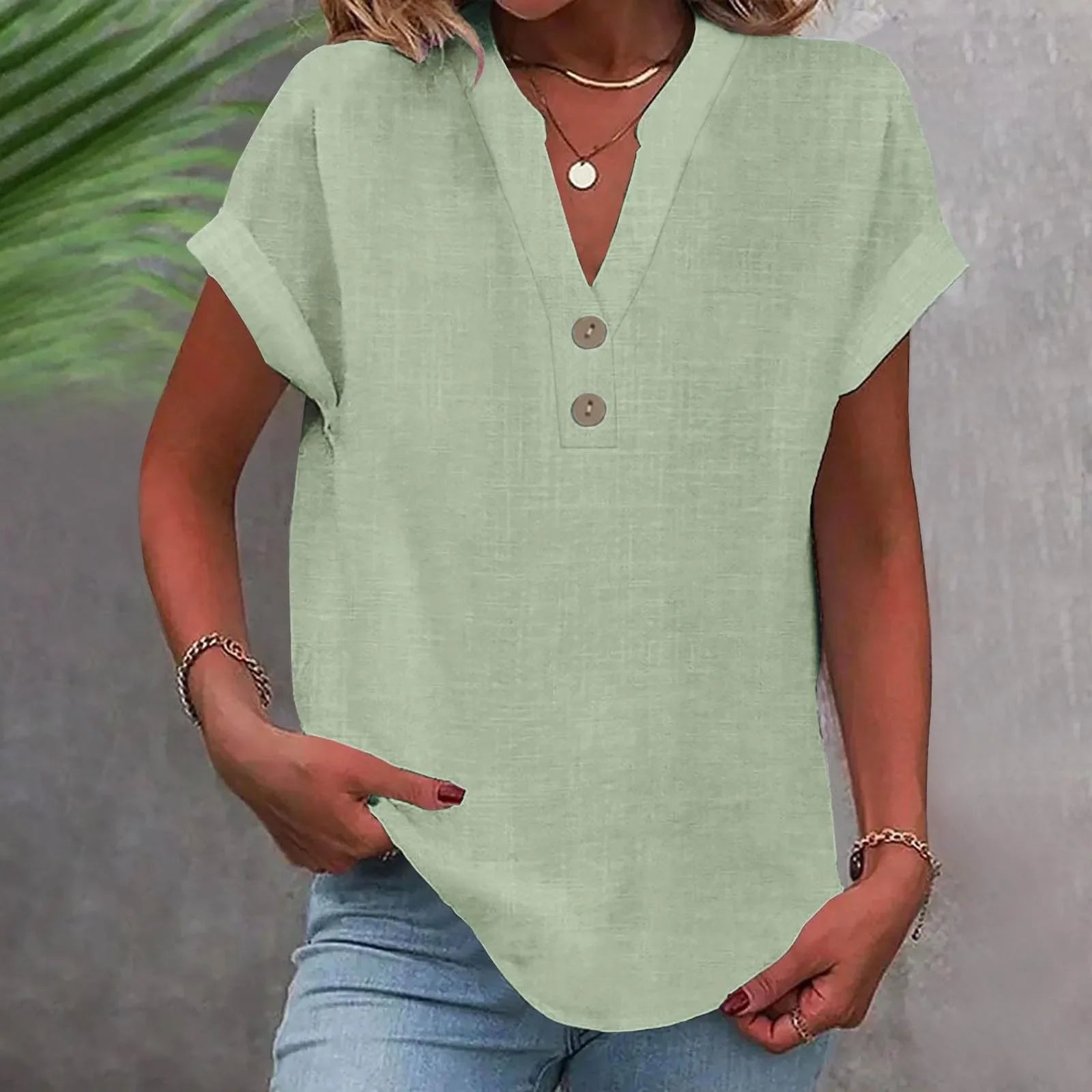 Annemarie Rot Baumwolle Leinen V-Ausschnitt Knoepfe Damen Bluse | Leicht Atmungsaktiv Laessig Sommer Buero Freizeit Oberteil | Bequem - S-5XL