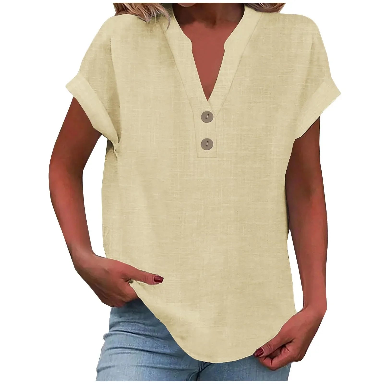 Annemarie Rot Baumwolle Leinen V-Ausschnitt Knoepfe Damen Bluse | Leicht Atmungsaktiv Laessig Sommer Buero Freizeit Oberteil | Bequem - S-5XL