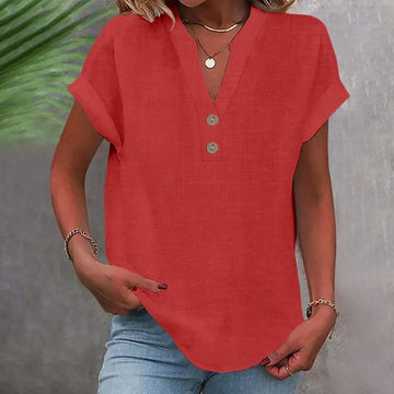 Annemarie Rot Baumwolle Leinen V-Ausschnitt Knoepfe Damen Bluse | Leicht Atmungsaktiv Laessig Sommer Buero Freizeit Oberteil | Bequem - S-5XL