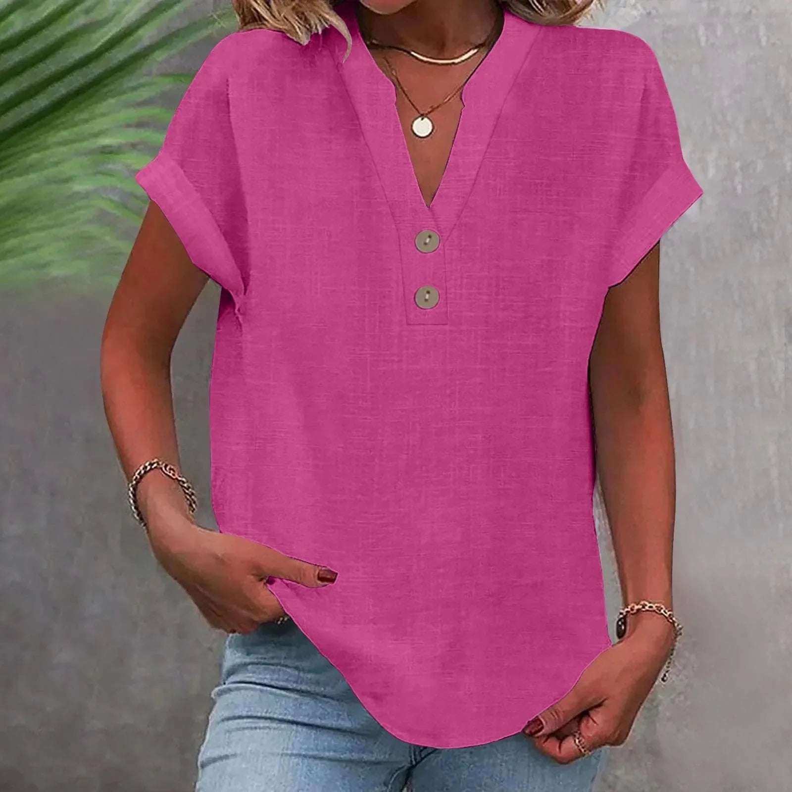 Annemarie Rot Baumwolle Leinen V-Ausschnitt Knoepfe Damen Bluse | Leicht Atmungsaktiv Laessig Sommer Buero Freizeit Oberteil | Bequem - S-5XL