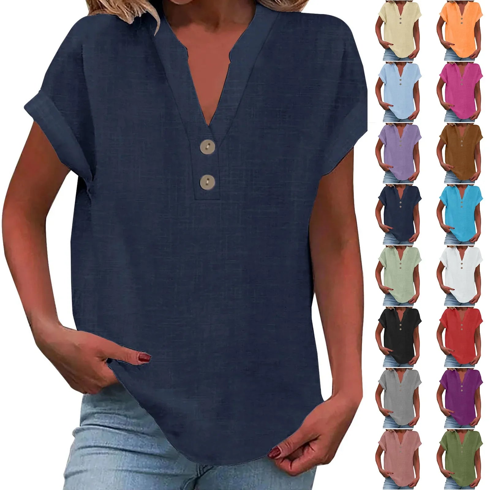 Annemarie Rot Baumwolle Leinen V-Ausschnitt Knoepfe Damen Bluse | Leicht Atmungsaktiv Laessig Sommer Buero Freizeit Oberteil | Bequem - S-5XL