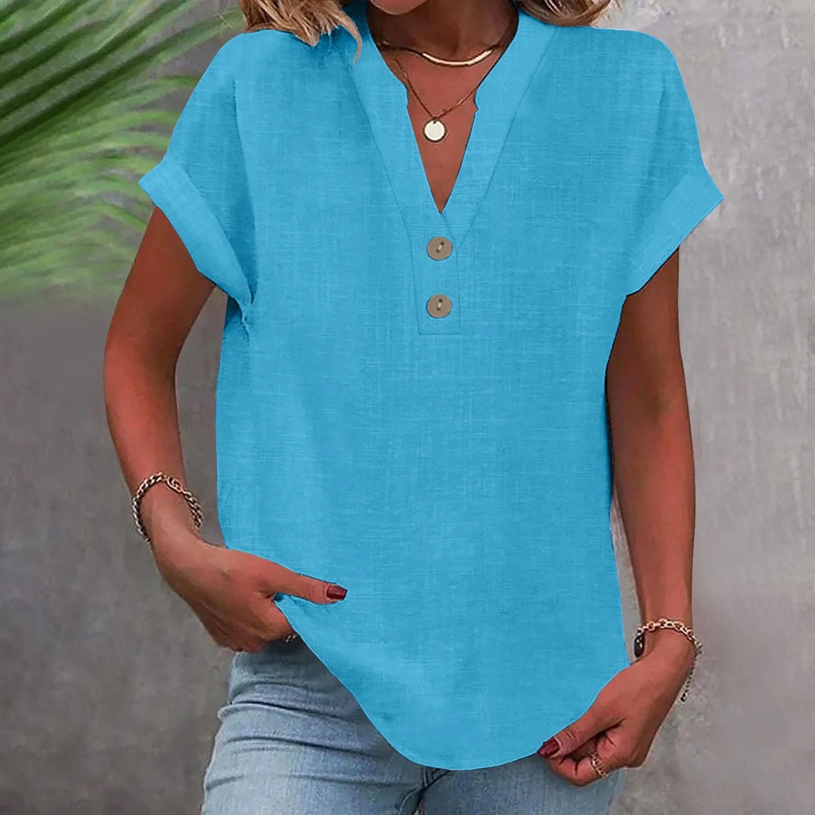 Annemarie Rot Baumwolle Leinen V-Ausschnitt Knoepfe Damen Bluse | Leicht Atmungsaktiv Laessig Sommer Buero Freizeit Oberteil | Bequem - S-5XL