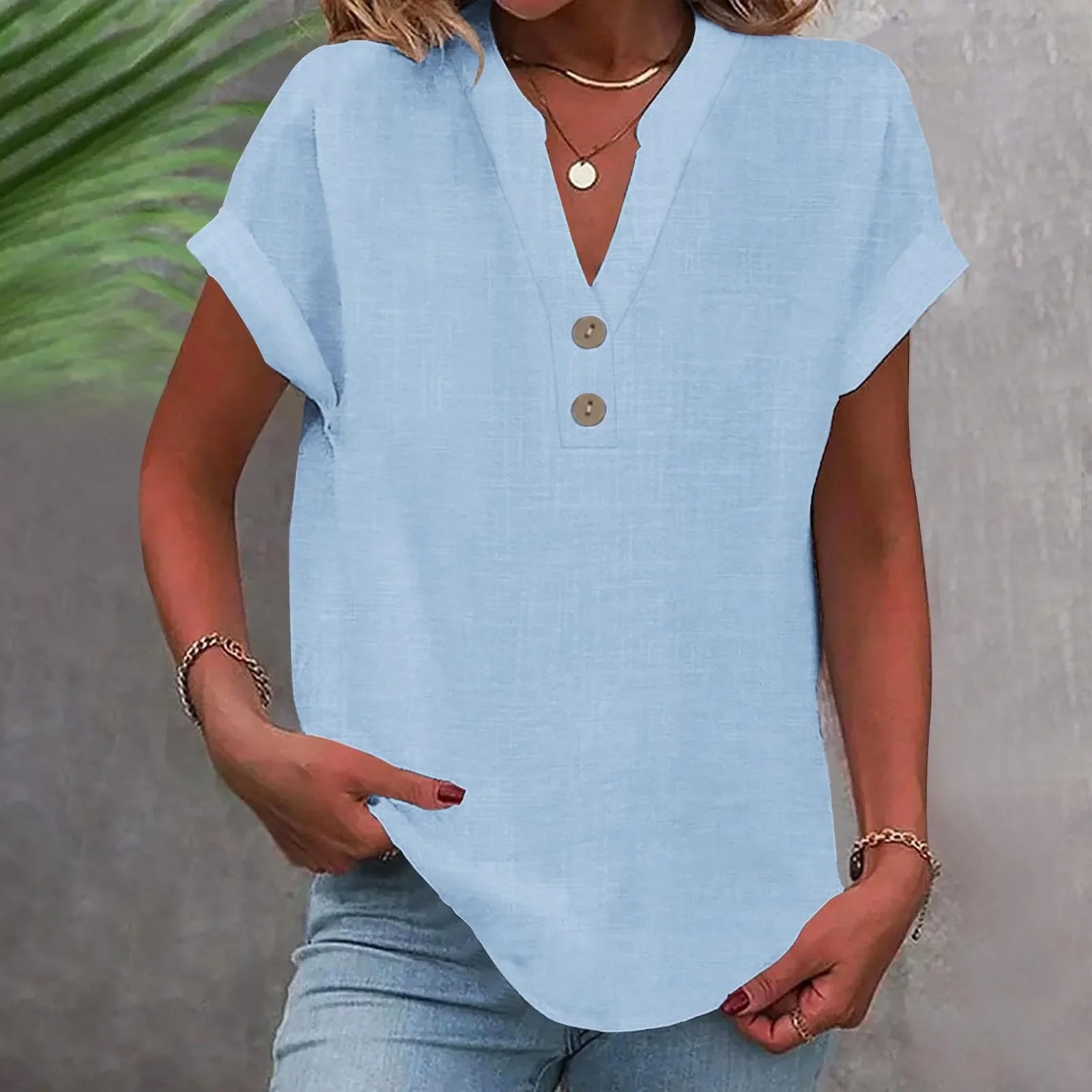 Annemarie Rot Baumwolle Leinen V-Ausschnitt Knoepfe Damen Bluse | Leicht Atmungsaktiv Laessig Sommer Buero Freizeit Oberteil | Bequem - S-5XL