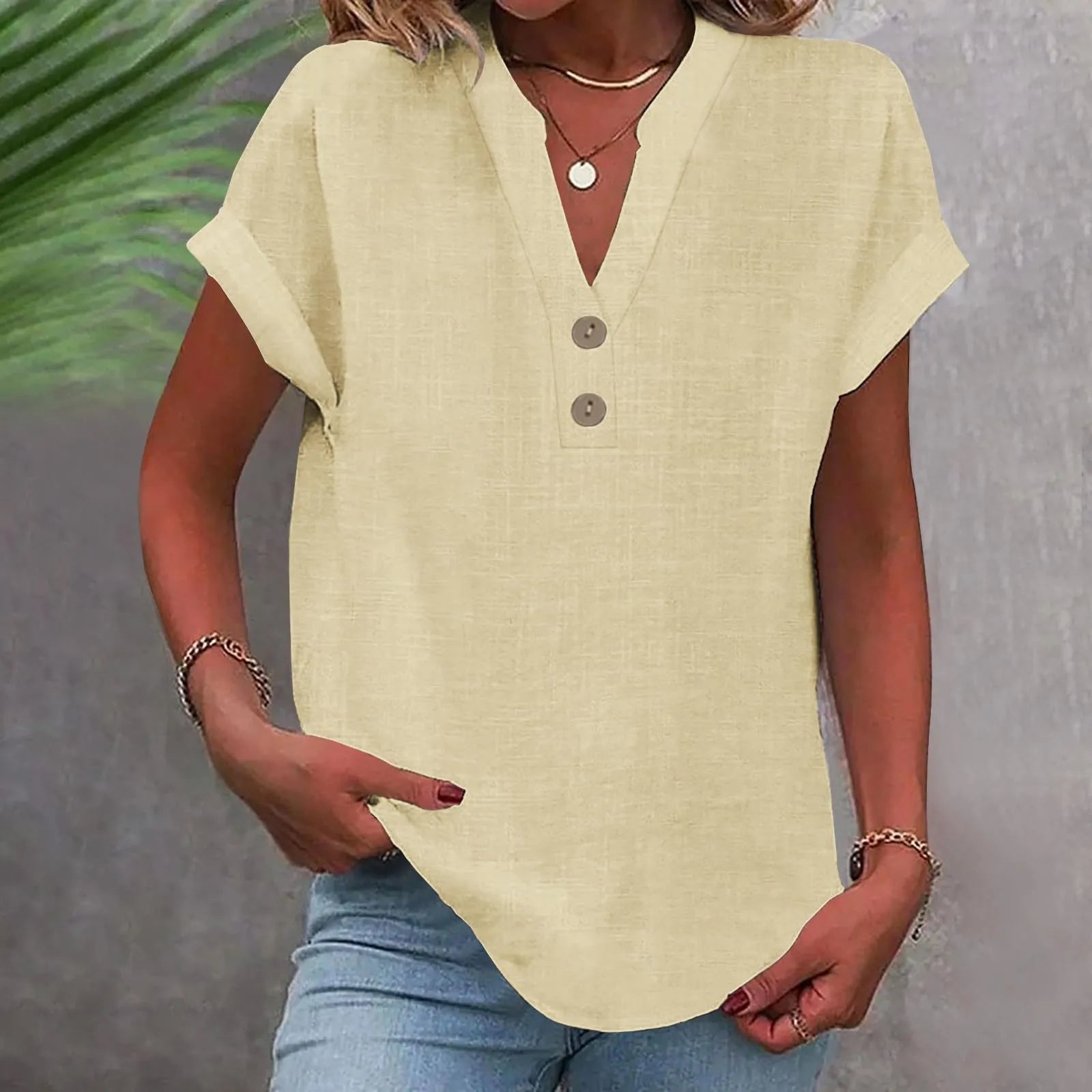 Annemarie Rot Baumwolle Leinen V-Ausschnitt Knoepfe Damen Bluse | Leicht Atmungsaktiv Laessig Sommer Buero Freizeit Oberteil | Bequem - S-5XL
