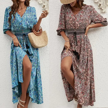 Brigitte Pfauenblau Bohemian Maxikleid Baumwolle Sieben-Aermel | Elegant Laessig Boho Strand Urlaubskleid | Fliessend Bequem - S/M/L/XL