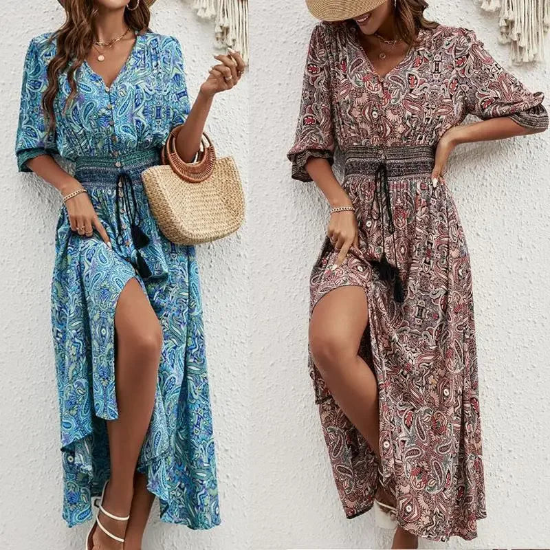 Brigitte Pfauenblau Bohemian Maxikleid Baumwolle Sieben-Aermel | Elegant Laessig Boho Strand Urlaubskleid | Fliessend Bequem - S/M/L/XL