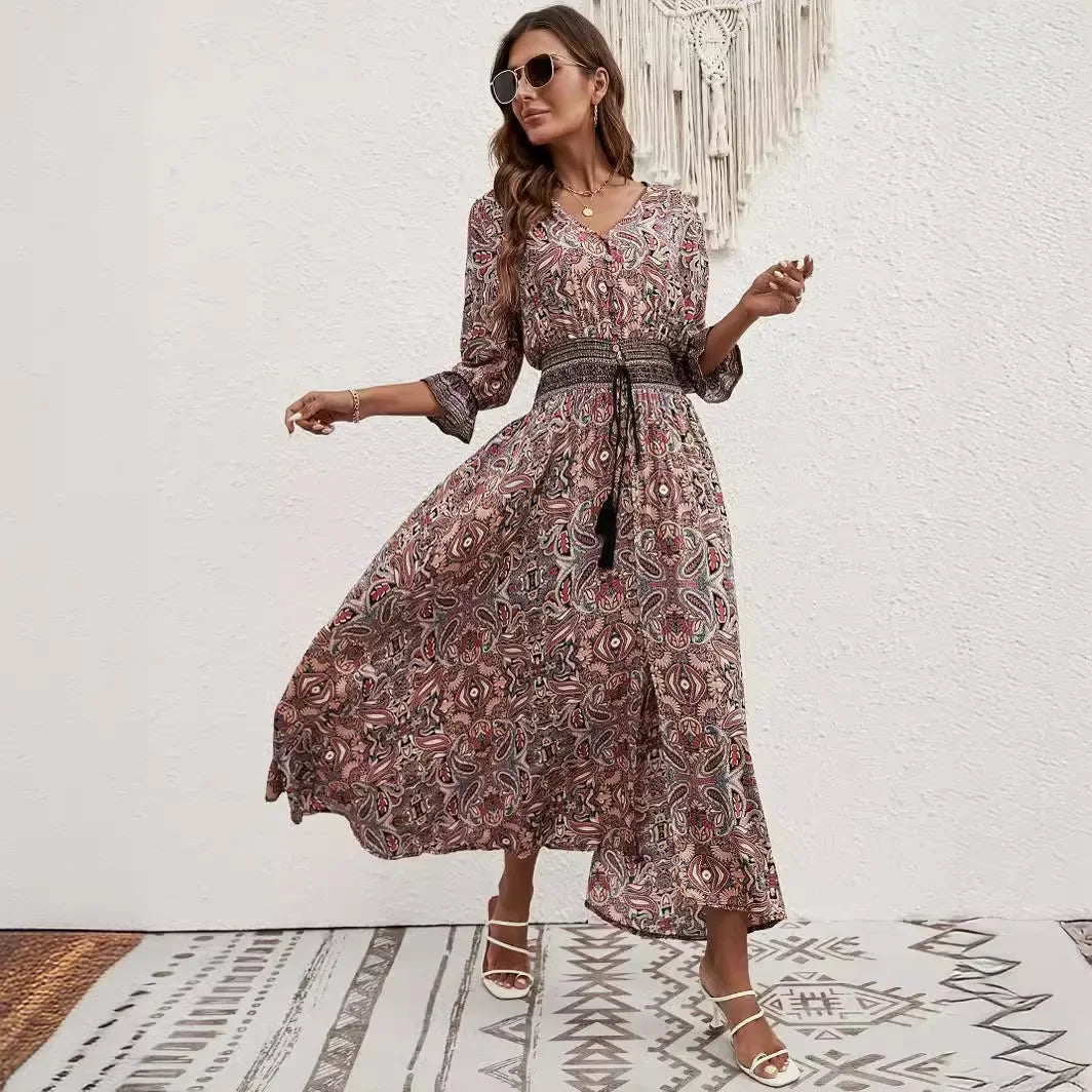 Brigitte Pfauenblau Bohemian Maxikleid Baumwolle Sieben-Aermel | Elegant Laessig Boho Strand Urlaubskleid | Fliessend Bequem - S/M/L/XL