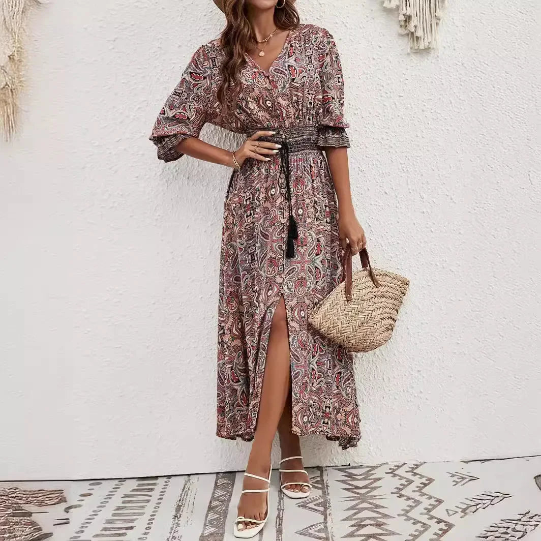 Brigitte Pfauenblau Bohemian Maxikleid Baumwolle Sieben-Aermel | Elegant Laessig Boho Strand Urlaubskleid | Fliessend Bequem - S/M/L/XL