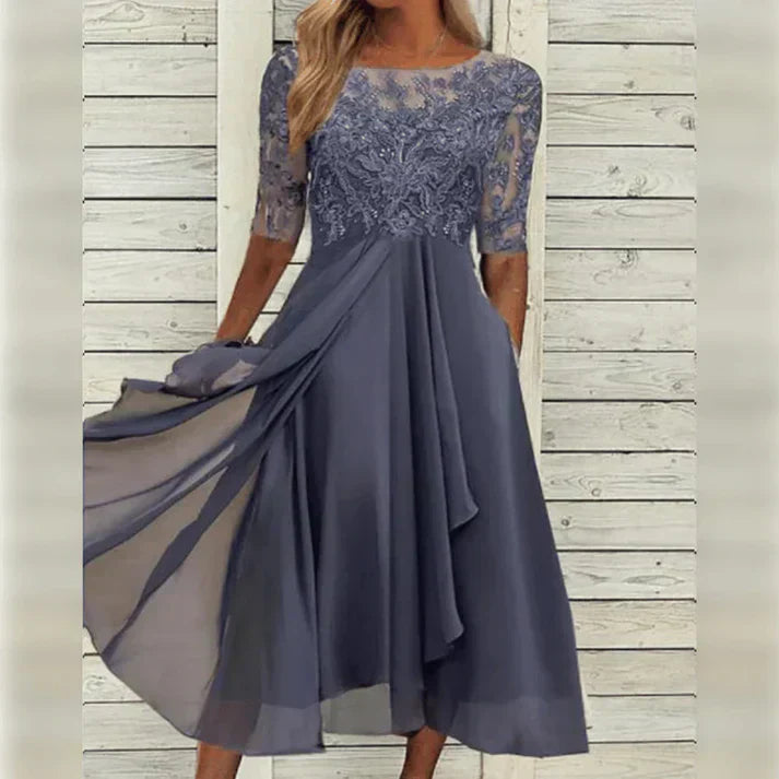 Monika Grün Spitzen-Midi-Kleid mit A-Linie für Damen | Elegant Fliessend | Hochzeit & Garten-Events - S/M/L/XL/2XL/3XL