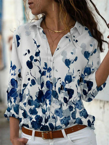 Celine Damen Bluse | Aquarell Blumenprint, 100% Baumwolle, Langarm- S-4XL