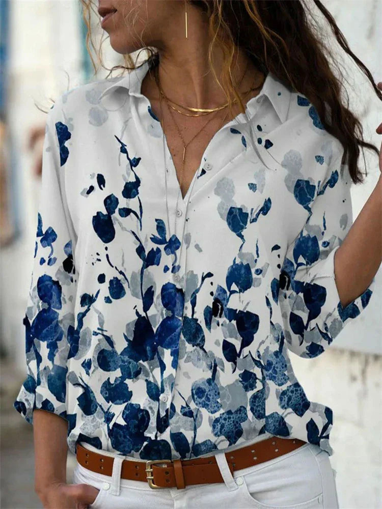 Celine Damen Bluse | Aquarell Blumenprint, 100% Baumwolle, Langarm- S-4XL