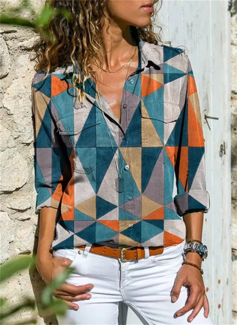 Celine Damen Bluse | Aquarell Blumenprint, 100% Baumwolle, Langarm- S-4XL