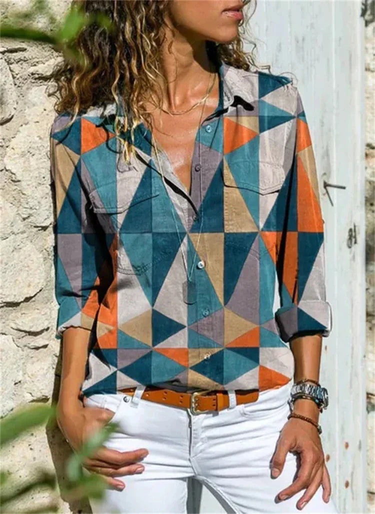 Celine Damen Bluse | Aquarell Blumenprint, 100% Baumwolle, Langarm- S-4XL