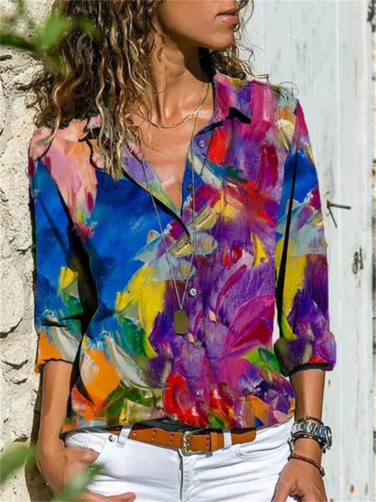 Celine Damen Bluse | Aquarell Blumenprint, 100% Baumwolle, Langarm- S-4XL