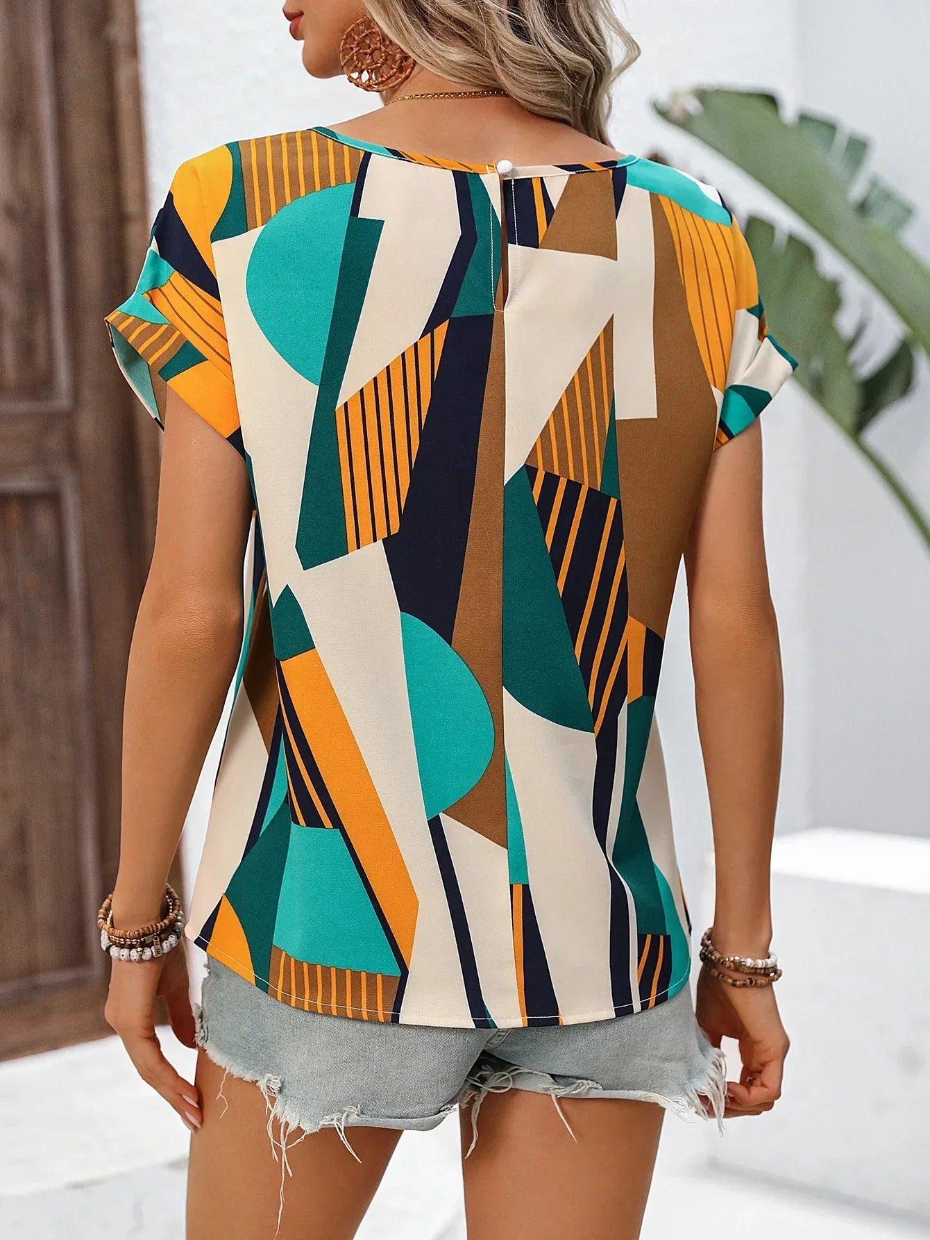 Cleo Damenbluse | Geometrisches Muster, Kurzarm