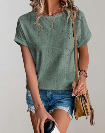 Lara Gruen Ösenstickerei Kurzarm Damen Sommerbluse Leicht Luftig | Elegant Laessig Sommer Freizeit Oberteil Vielseitig | Bequem - S/M/L/XL/2XL